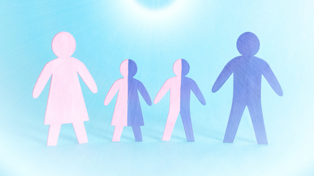 Paper cutouts of a family, with gender-specific colors, symbolizing the genetic inheritance of traits, including depression, and its impact on mental health.