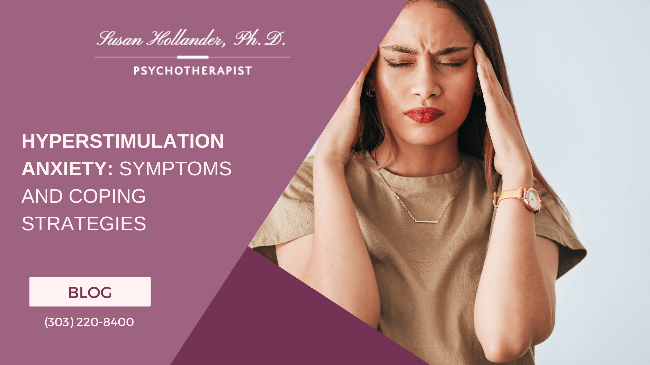Portrait of a woman holding her head with a distressed expression, symbolizing the struggles of hyperstimulation anxiety. The background is soft and neutral, highlighting the emotions of overwhelm and stress.