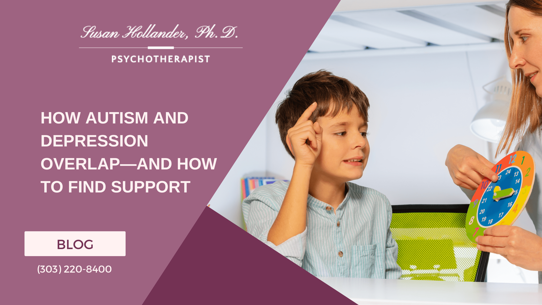 A young boy with autism sits at a desk while a therapist shows him a colorful clock during a session.