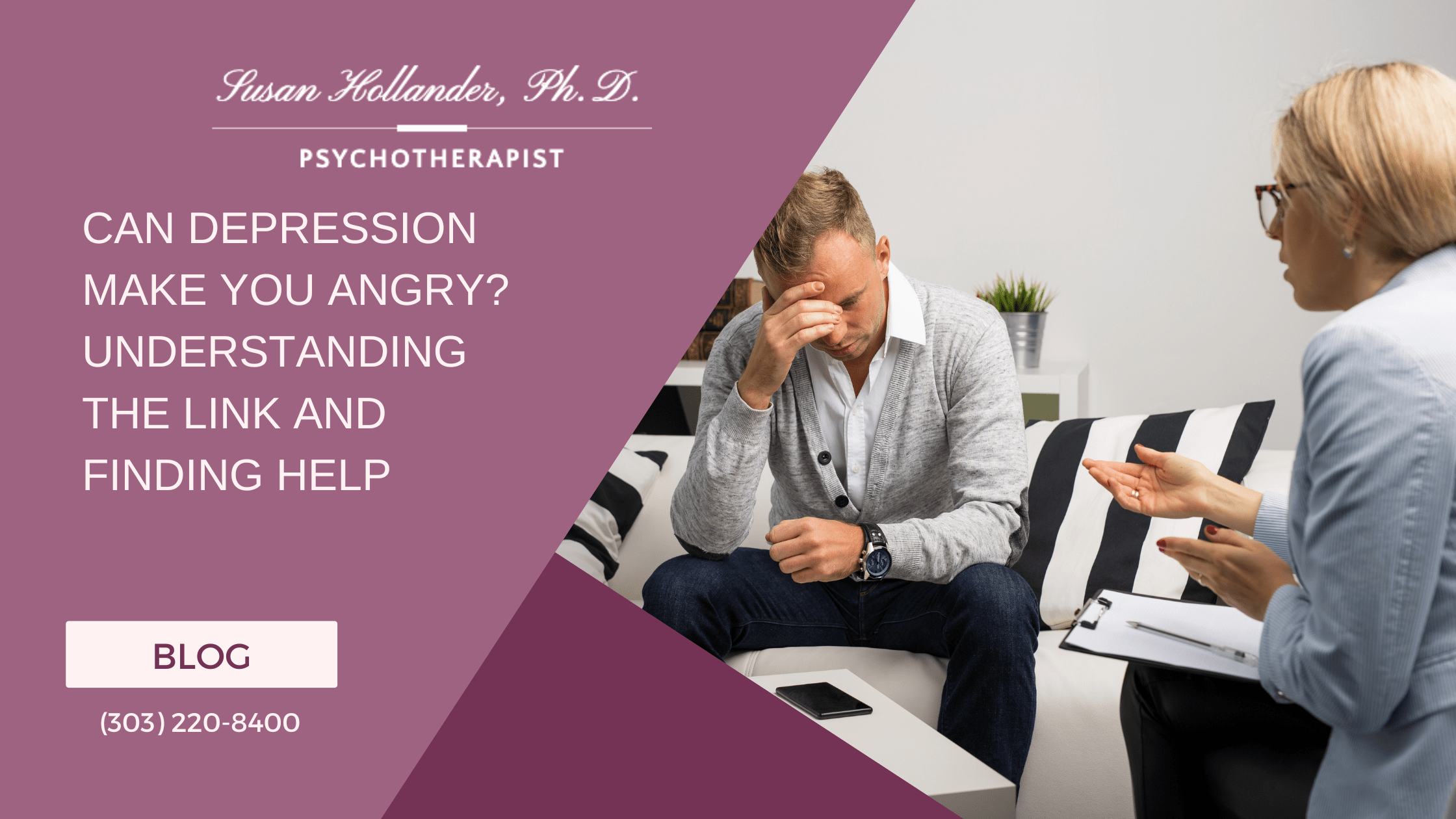 A distressed man sits on a couch with his head in his hand while a female therapist speaks to him during a counseling session.